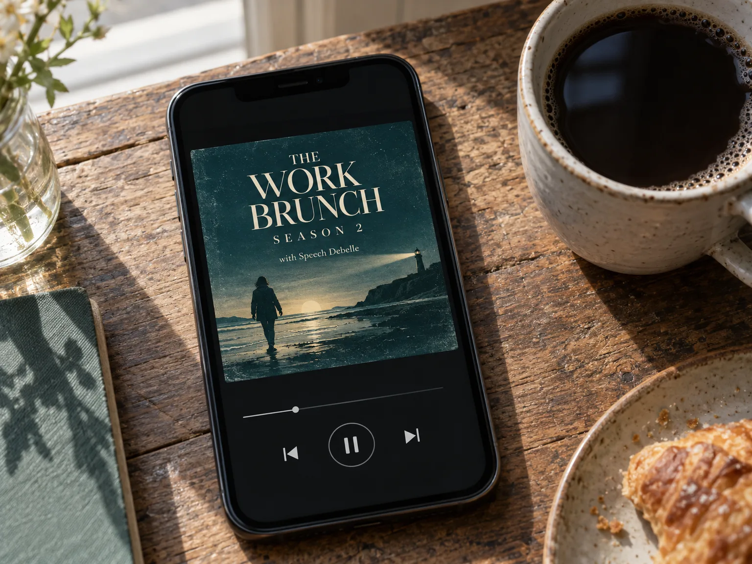 Mockup of The Work Brunch Season 2 cover art playing on a phone beside a coffee at a brunch table